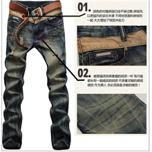 潮流男韩版复古裤男士修身长裤小直筒裤破洞男式牛仔裤子现货