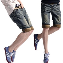 清仓春夏新款韩版男装复古中裤修身牛仔短裤黄男士现货
