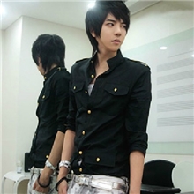 潮人范肩章装饰黑色七分袖韩版修身男士衬衫IKB