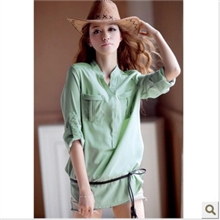 2013韩版时尚新款长袖双口袋雪纺立领衬衫7A