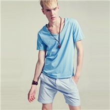 2013夏季新款毛边设计英伦风格男士修身V领短袖T恤男