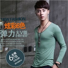 2013秋季新款男士修身纯棉V领打底衫男装纯色潮男韩版长袖T恤