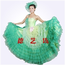 批发供应绿叶千层舞台演出服装舞蹈大摆裙开场裙绿色表演服装