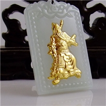 精品忠义象征天然A货翡翠玉千足金金镶玉关公吊坠