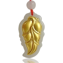 千足金金镶玉金枝玉叶黄金项链玉坠黄金吊坠翡翠A货