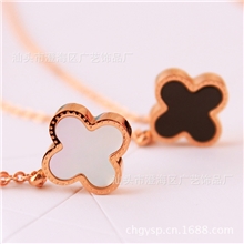 高档精致现货梵克雅宝VC四叶草幸运草双面贝壳玛瑙项链钛钢玫瑰金