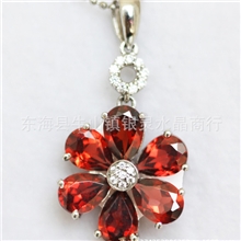 水晶批发石榴石吊坠925银镶嵌六瓣花一件起批厂家直销