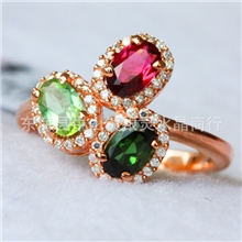 天然碧玺戒指925纯银玫瑰金爱由心生玫瑰金戒子厂家直销