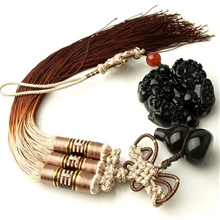 天然水晶汽车车挂件车挂饰高档天然黑曜石双貔貅葫芦车挂