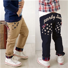 韩版童装秋季全棉休闲童裤批发星星口袋格子翻边儿童长裤z1.25
