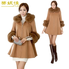 【伙拼】冬装韩版女装新款羊绒毛领皮草蝙蝠斗篷毛呢子风衣大衣