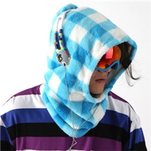 韩国男女抓绒防寒风帽围脖连体滑雪帽蓝白格子AV49M55