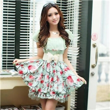 夏装女装甜美气质雪纺短袖连衣裙送腰带HQ936336