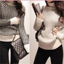 2013秋冬新款黑白细格子套头高领毛衣翻领针织衫