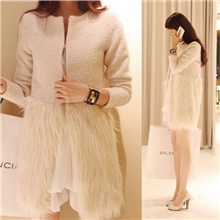 2013秋冬韩版新款女装羊毛呢拼接下半人造长毛毛暗扣大衣外套