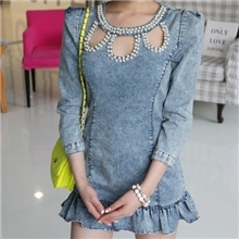 13秋季新款性感钉珠镂空镶边女式修身百搭牛仔连衣裙AC029