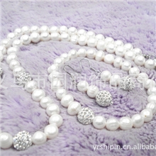 源头货源纯天然淡水珍珠7-8mm冲头珍珠项链镶钻球首饰套装批发