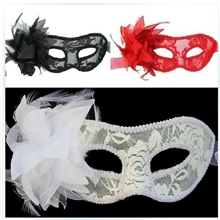 化装舞会威尼斯面具金葱布纱花羽毛半透明蕾丝侧边带花面具