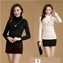 2013秋装新款韩版女装兔毛领蕾丝打底衫加绒T恤蕾丝衫送项链