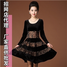 2013新款秋冬装丝绒豹纹烧花钉珠长袖连衣裙【Q5097】免费加盟