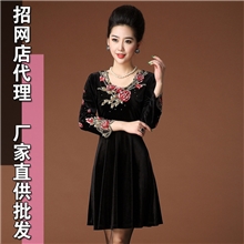 秋装新款欧美大牌女装金丝绒绣花大码连衣裙【Q6105】免费代理