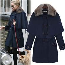2013秋冬新款欧美女装时尚毛领腰带斗篷冬款毛呢大衣大衣外套1612