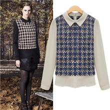 欧美大牌风英伦格拼雪纺长袖打底衫娃娃领长袖衬衫2013秋款W1701