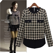 欧美2013大牌女装秋季新款雪纺衫格子布圆领长袖打底衫9122