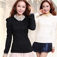 秋冬新款韩版大码娃娃领修身加绒蕾丝打底衫女装网店代理加盟667#