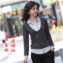 大码女装衬衫假两件秋装胖mm服装打底衫新款修身女式衬衣上衣批