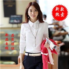 新款女士长袖衬衫白色韩国修身职业棉麻女装烫钻棉衬衣森女上衣