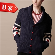 专柜款男士时尚都市羊毛衫粗棒针男装毛衣菱纹青果领针织羊绒外套