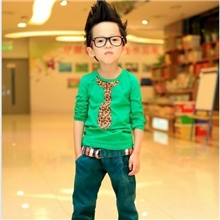 韩版秋冬款童装批发时尚帅气童装豹纹风领带儿童长袖T恤批发