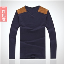 t恤工厂新品长袖v领男士t恤空白纯色拼接打底衫批发T009