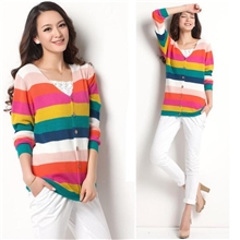 厂家直销春秋新款甜美针织衫开衫批发彩色条纹韩版宽松开衫外套