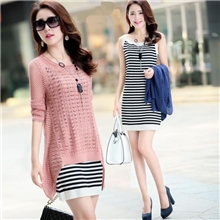 秋冬新款女装韩版中长款条纹背心针织衫镂空长袖两件套毛衣裙女