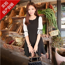 7085#新款韩版时尚修身女式束腰撞色圆领蝴蝶结中袖雪纺连衣裙子