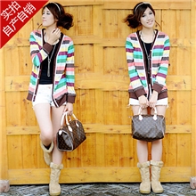 大额vip批发韩版女装秋装外套新款多彩长袖长款条纹V领针织衫开衫