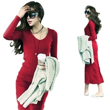 2013韩国代购同款性感修身微V领连衣裙性感包臀紧身针织打底长裙