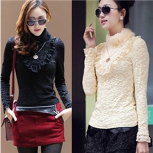 2013新款高领蕾丝长袖打底衫韩版时尚兔毛领蕾丝打底衫加绒T恤女