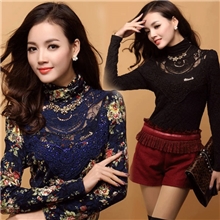 2013秋冬新款加绒加厚女打底衫韩版修身高领长袖蕾丝衫打底衫大码