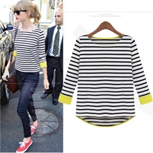 2013炫淘女装夏季新款韩版条纹长袖拼接套头针织T恤打底衫厂家