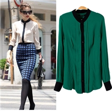 批发2012秋季新款欧美风黑边撞色领口立领胸口褶皱长袖衬衫衬衣女