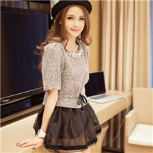 秋冬新款纯手工钉钻欧根纱拼接毛呢蓬蓬连衣裙公主蓬蓬裙短裙