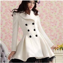 网购秋冬韩版华丽装优雅大摆毛呢风衣修身双排扣大衣外套<女>