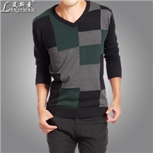 毛衣男士韩版2013新款秋装薄款线衣男装方格V领针织衫男