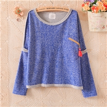 韩版休闲宽松t恤流苏拉链口袋圆领长袖t恤批发6880