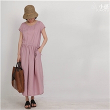 小愚精品女装休闲时尚天然麻质腰抽绳长裙纯色套头小口袋连衣裙