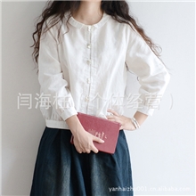 厂家直销低价供应2013新款文艺范海军领棉麻九分袖宽松女式衬衫