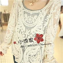 8807欧美新款钩花宽松纯色镂空森女系长袖套头罩衫大码蕾丝女装